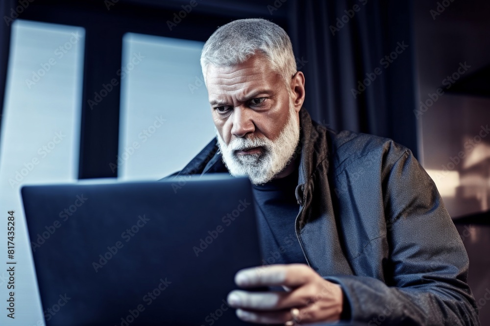 serious mature man working on laptop sitting at home serious mature man working on laptop sitting at home