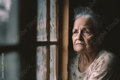 serious senior woman looking out of window at home