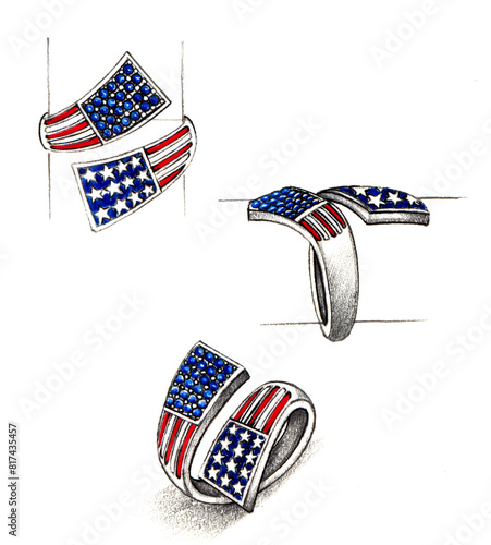 Jewelry design flag of the united states ring set with blue sapphire and enamel sketch by hand drawing on paper.