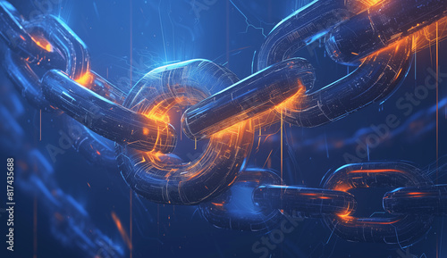 Close-up view of digital chain, showing technology and cyber security concept. The background is dark blue with an orange light effect.