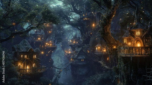 A fantasy scene of a hidden elven city in an ancient forest  with magical treehouses and glowing lights. Resplendent.