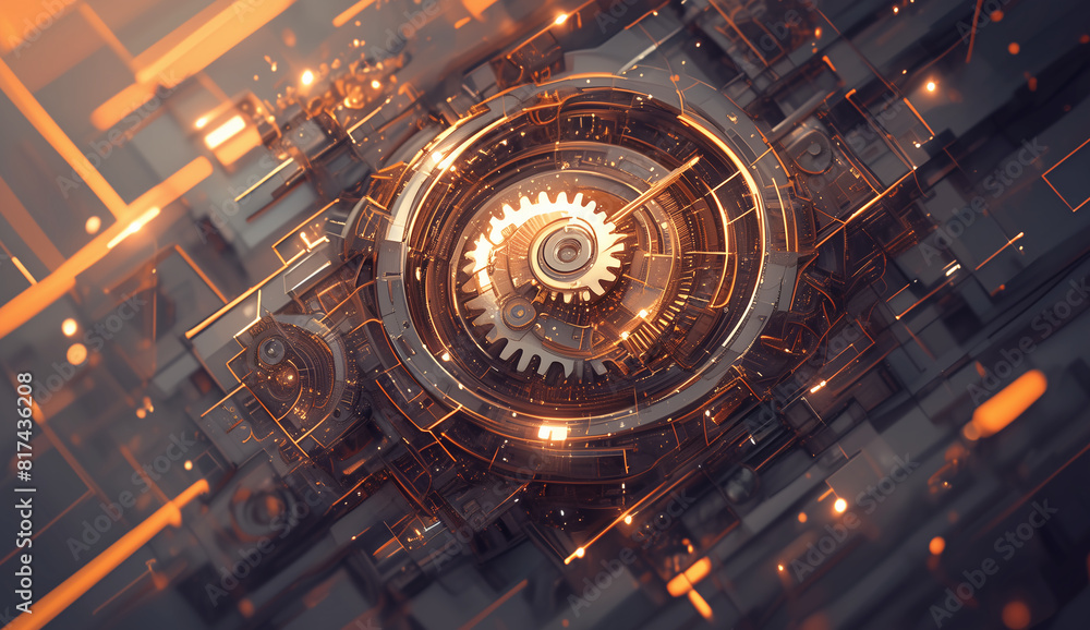 Advanced Machinery Elegance: A Close-Up of Gears and Circuits Under a Radiant Orange Light Advanced Machinery Elegance: A Close-Up of Gears and Circuits Under a Radiant Orange Light