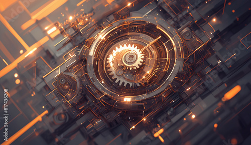 Advanced Machinery Elegance: A Close-Up of Gears and Circuits Under a Radiant Orange Light