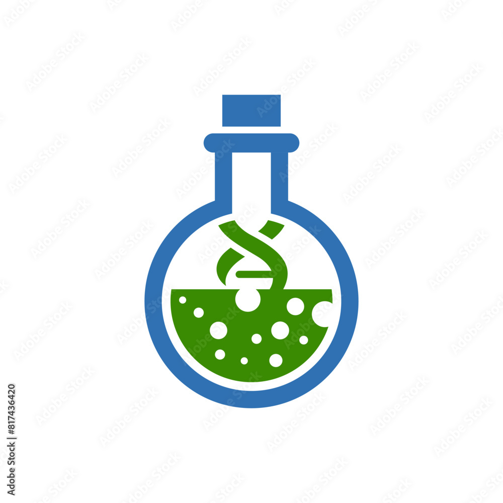Science beaker and DNA logo with a blue and green substance. Perfect for educational materials, science blog posts, or laboratory related designs and presentations. Science beaker and DNA logo with a blue and green substance. Perfect for educational materials, science blog posts, or laboratory related designs and presentations.