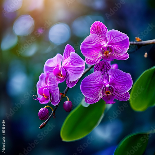 beautiful purple orchids  green leaf in the background