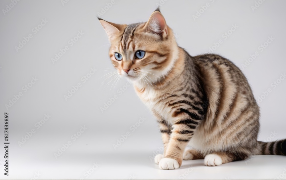Cute scottish striped beige cat on white studio