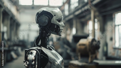Analog-style image of a humanoid robot with mechanical features in an industrial factory setting.