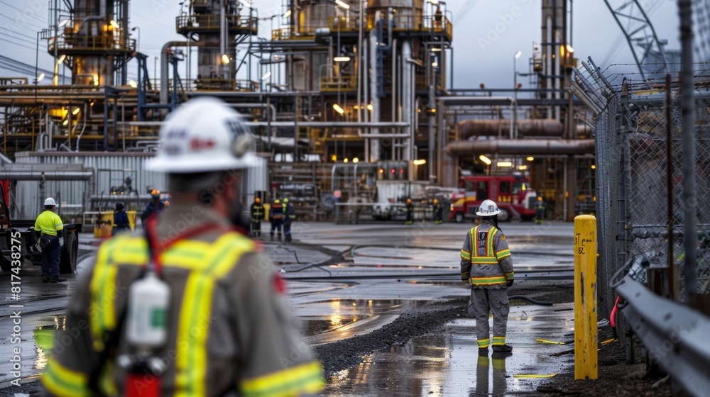 Naklejka premium Safety is a top priority at the refinery with workers donning hard hats gloves and protective suits.