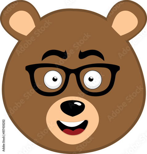 vector illustration face brown bear grizzly cartoon with glasses nerd and a happy expression