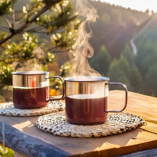 山の朝の雰囲気とホットコーヒー