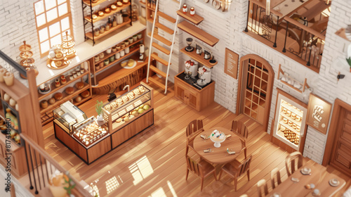 Charming 3D Isometric Coffee Shop Scene  Rustic Wood Flooring  White Brick Walls  Wooden Shelves  Bakery Display  Fresh Pastries