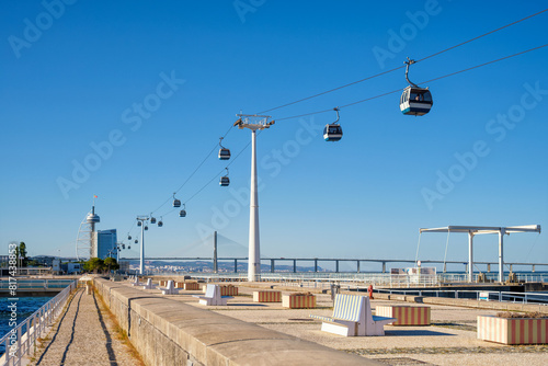 Telecabine Cable car in Lisbon in Parque des Nacoes Nations Park with Vasco da Gama bridge. Lisbon, Portugal photo