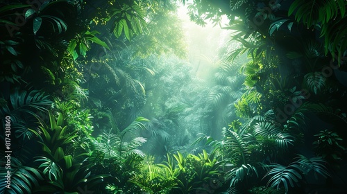 Light filters through dense forest creating dramatic effect with hole in canopy revealing bright sunlight