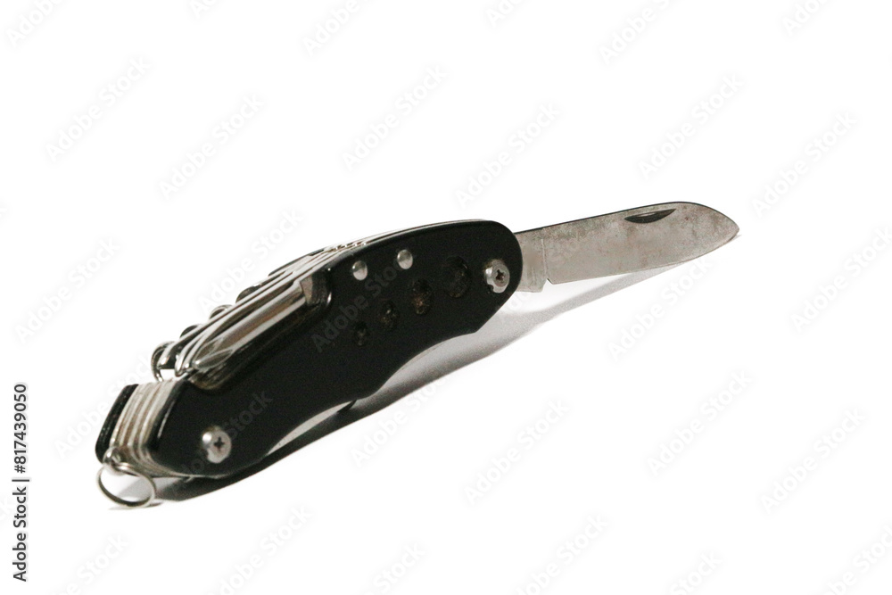 Pocket knife. Steel arm. Multi tool kit. A small folding knife was tied. Multi tool for climbing. White background pocket folding knife Pocket knife. Steel arm. Multi tool kit. A small folding knife was tied. Multi tool for climbing. White background pocket folding knife