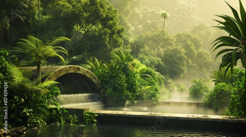 A serene landscape with an atmospheric water harvesting system integrated into the environment, featuring lush vegetation and a tranquil atmosphere, with room for text or graphics on the top © Futuristictech