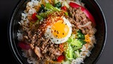Traditional Korean dish bibimbap with fried agg, beef and vegetables