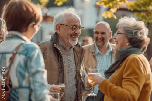 happy senior man with glasses of beer and friends having fun at street party