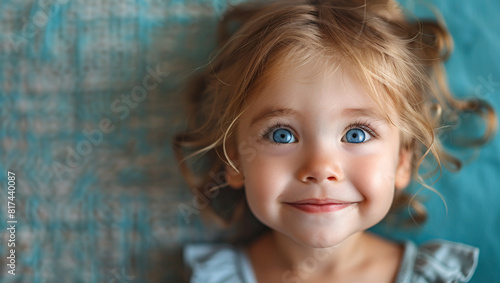 A young girl with striking blue eyes is relaxing on a soft blue blanket