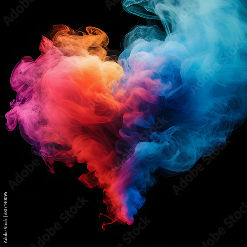 A heart made of colorful smoke symbol of love, isolated black background, love, valentine, ready to insert into your design 