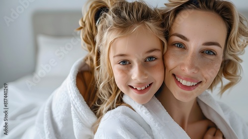 Happy caucasian mother with daughter wearing hydrogel patches smiling looking at camera on white background. 