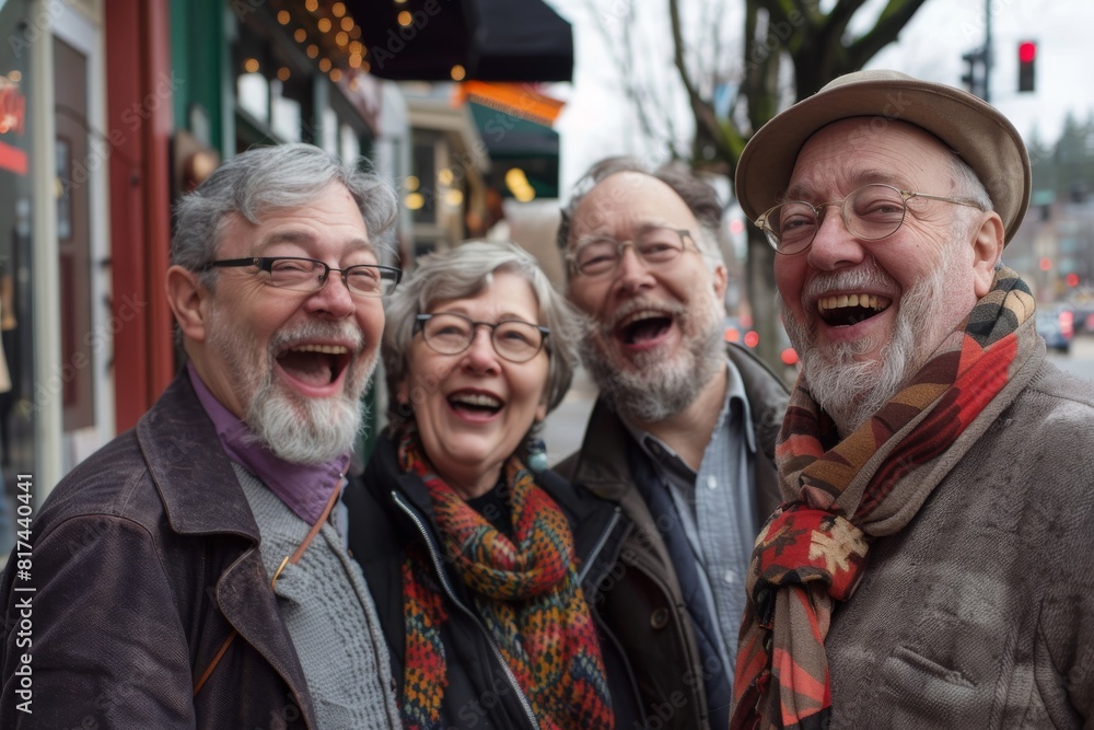 Group of senior friends laughing and having fun in the city. Portrait of a group of elderly people. Group of senior friends laughing and having fun in the city. Portrait of a group of elderly people.
