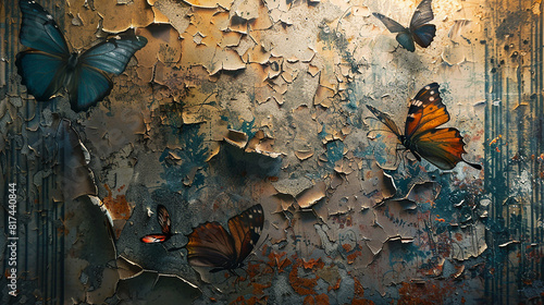 A glimpse through worn wallpaper reveals butterflies suspended in time.