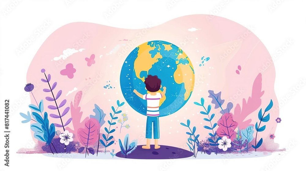 A child stands in a field of flowers, holding the Earth in their hands A child stands in a field of flowers, holding the Earth in their hands
