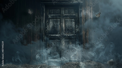 A weathered wooden door with faded butterfly carvings  surrounded by ethereal wisps of fog  shrouding the path to mystical realms.