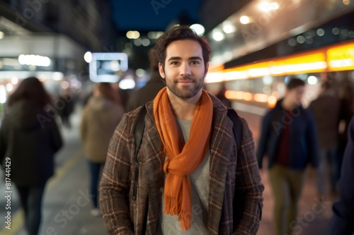 uk, london, portrait of a smiling commuter by night with blurred people passing nearby