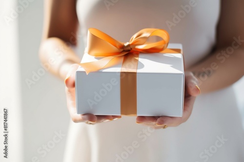 unrecognizable woman holding a white present box with orange ribbon. Birthday or Christmas gift concept