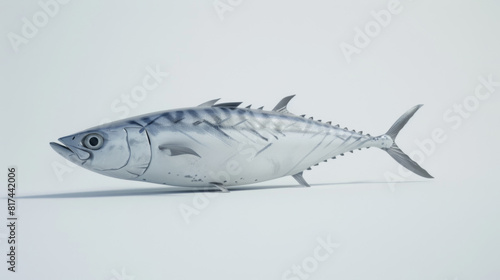 Artistic silver fish sculpture with intricate details and shiny texture, isolated on a stark white background.