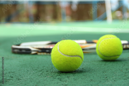 Tennis ball on blue tennis court. the concept of a sporty lifestyle.