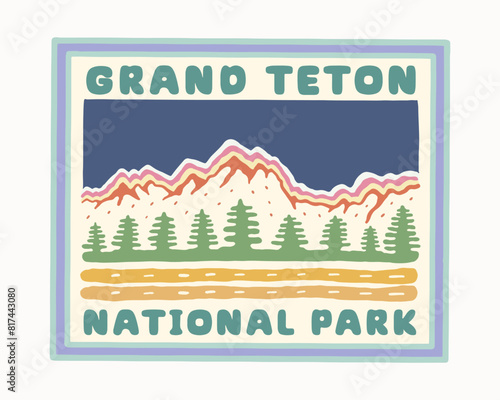 Grand Teton National Park Wyoming hand drawing vintage vector illustration