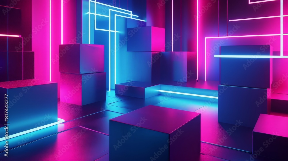 3d rendering of abstract geometric shapes and cube blocks. Neon lights, blue and pink colors. 3d rendering of abstract geometric shapes and cube blocks. Neon lights, blue and pink colors.