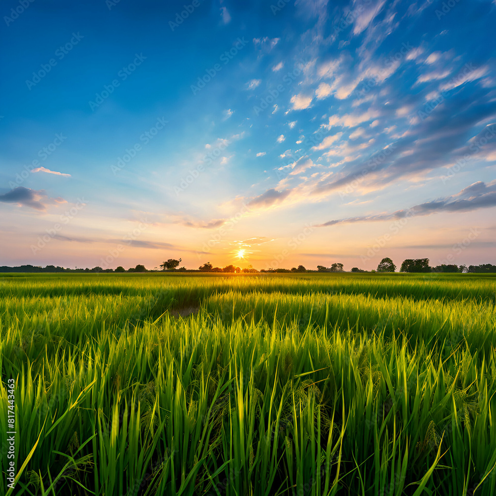 green rice field and blue sky background at sunset green rice field and blue sky background at sunset