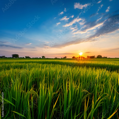 green rice field and blue sky background at sunset