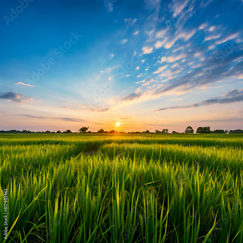 green rice field and blue sky background at sunset
