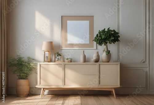 sunlight beige interior photo living floor pottery wooden style room frame vintage mockup frame sideboard empty room vase