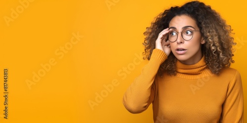 Woman listening to something Portrait of curly-haired woman in striped shirt isolated on orange background trying hard to secretly listen to conversation hand to ear interested at gossip she hears pri photo
