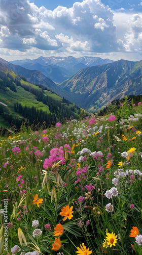 Nature's Symphony: Wildflowers In The Foreground And Snow-dusted Mountains In The Backdrop