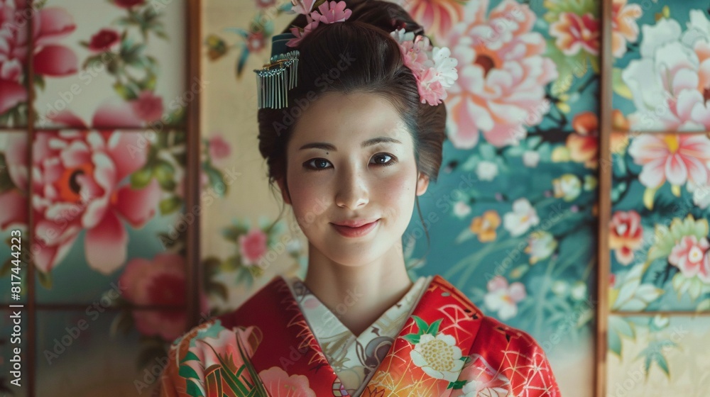 Portrait of a beautiful asian woman in a Japanese kimono. Copy space for text. Portrait of a beautiful asian woman in a Japanese kimono. Copy space for text.