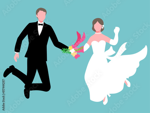 手と手を取り合ってジャンプする花嫁と花婿のベクターイラストレーション