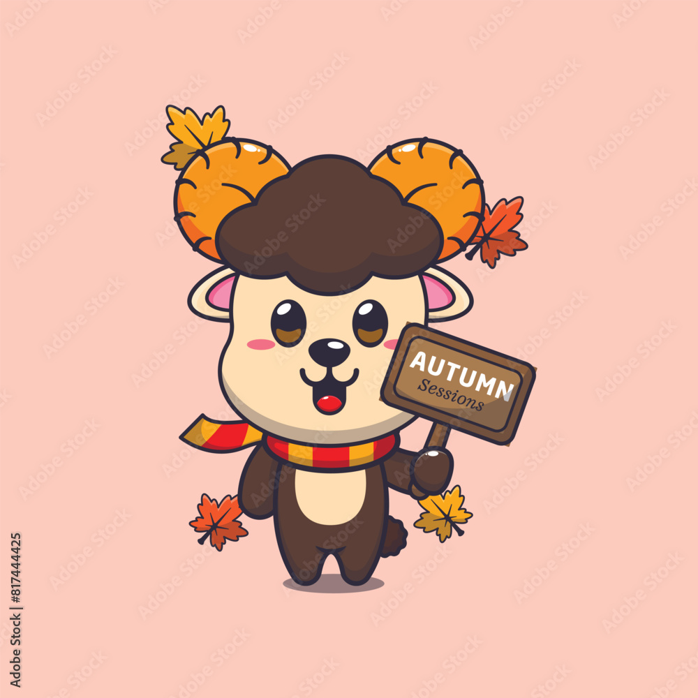 Cute ram sheep with autumn sign board Cute ram sheep with autumn sign board