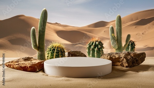 3D podium set against a desert backdrop, featuring cacti and stones, perfect for displaying summer cosmetics,background