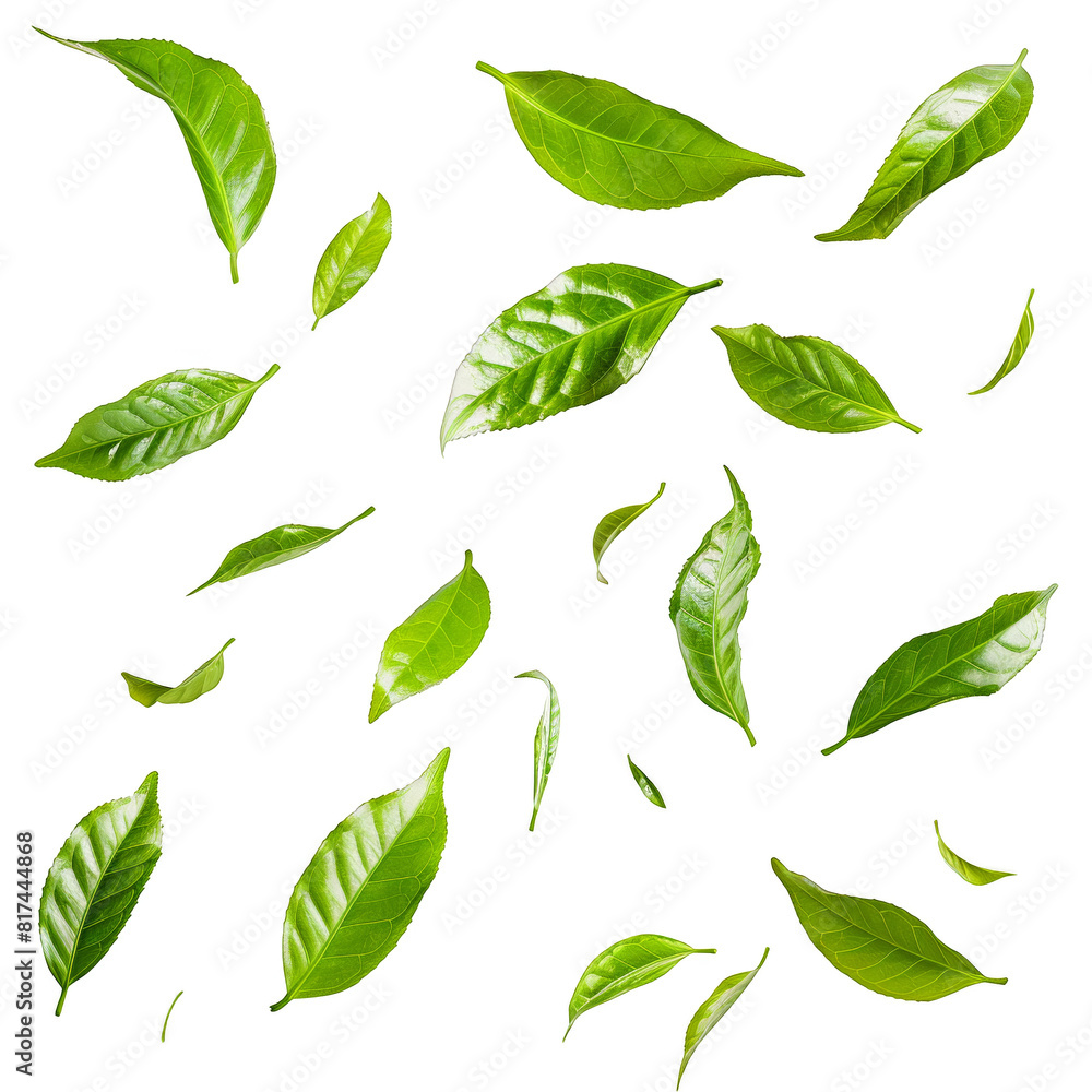 A series of green tea leaves flying through the air, each with their own unique shape and size A series of green tea leaves flying through the air, each with their own unique shape and size