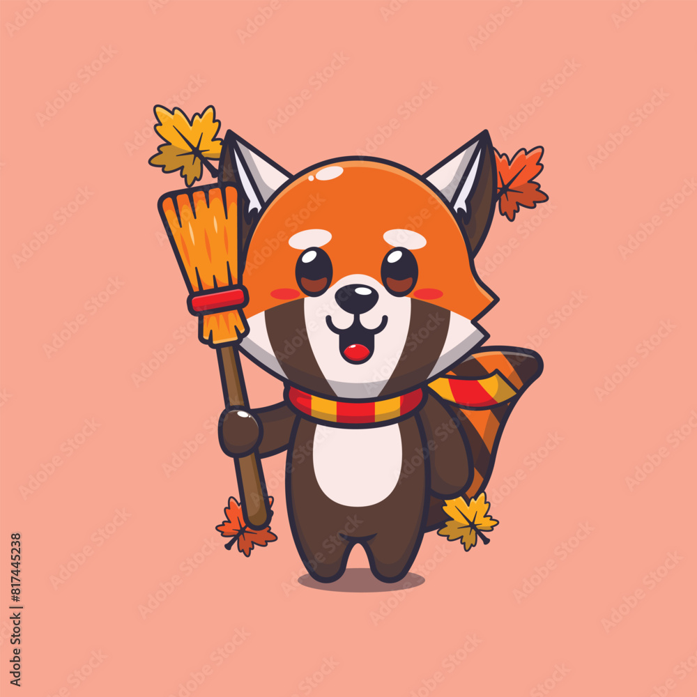Obraz premium Cute autumn red panda holding broom