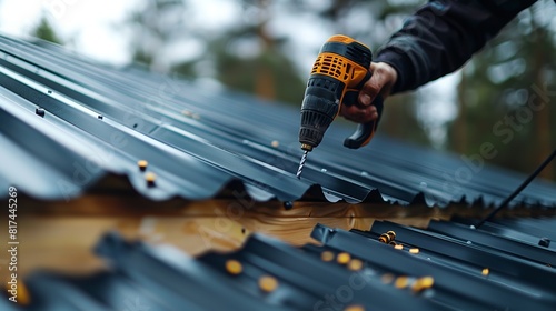 A close shot of an unrecognized professional worker installing black sheet over roof with a big space for text or product advertisement background, Generative AI. photo