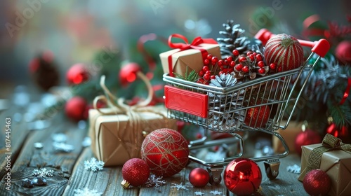 A shopping cart with a mix of holiday decorations and gifts photo