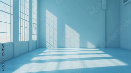 Empty light blue studio space with deep windows shadow. Sparse template and background