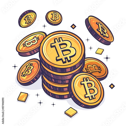 Golden Bitcoin blockchain teknologi konsep isometrik cocok untuk banner teknologi masa depan atau atau penutup. Ilustrasi , Sticker, Adorable, Tertiary Color, outsider art style, Contour, photo
